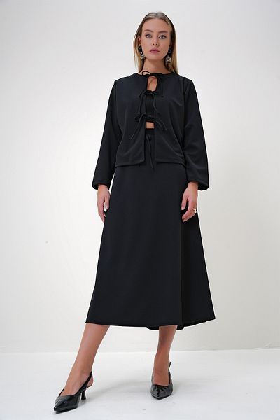 Trend Alaçatı Stili Black Crepe Jacket and Maxi Skirt Set - Crew Neck, Tie Detail, Alc-X12872