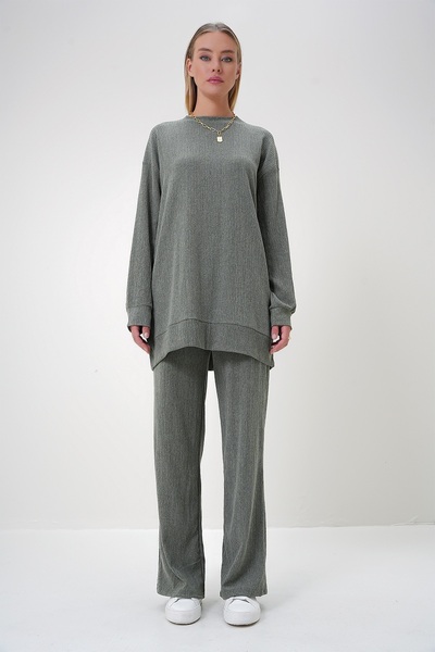 Trend Alaçatı Stili Women's Khaki Crew Neck Tunic and Trousers Set Alc-X12913