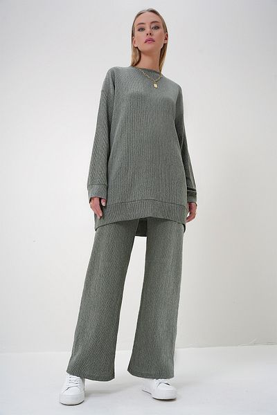 Trend Alaçatı Stili Women's Khaki Crew Neck Tunic and Trousers Set Alc-X12913