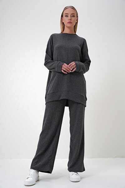 Trend Alaçatı Stili Women's Anthracite Crew Neck Tunic and Trousers Set Alc-X12913