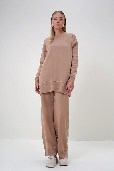 Trend Alaçatı Stili Women's Biscuit Crew Neck Stripe Detailed Knitwear Blouse and Trousers Set Alc-X12802