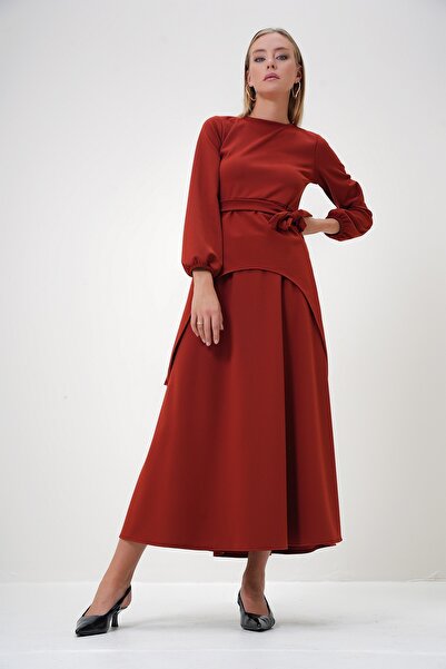 Trend Alaçatı Stili Women's Tile Crew Neck Asymmetrical Cut Tunic and Skirt Set Alc-X12870