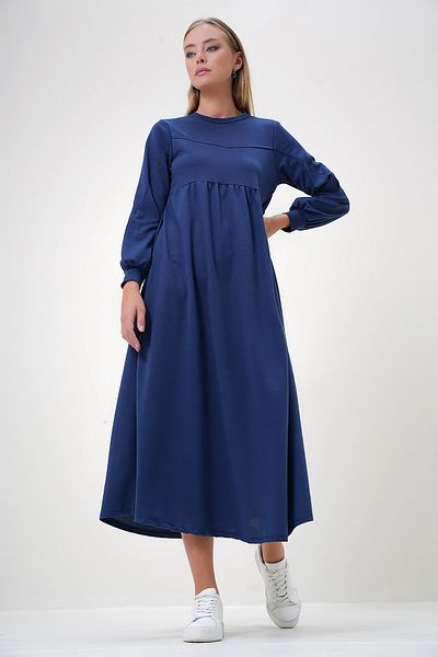 Trend Alaçatı Stili Γυναικείο Saks Blue Crew λαιμόκοψη φόρεμα με δύο νήματα ALC-X12808