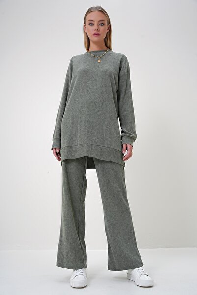 Trend Alaçatı Stili Women's Khaki Crew Neck Tunic and Trousers Set Alc-X12913