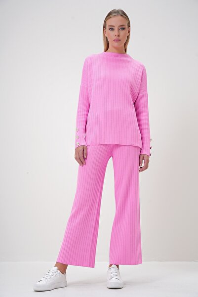 Trend Alaçatı Stili Women's Pink Stand Collar Low Sleeve Knitwear Pants and Blouse Set Alc-X12832