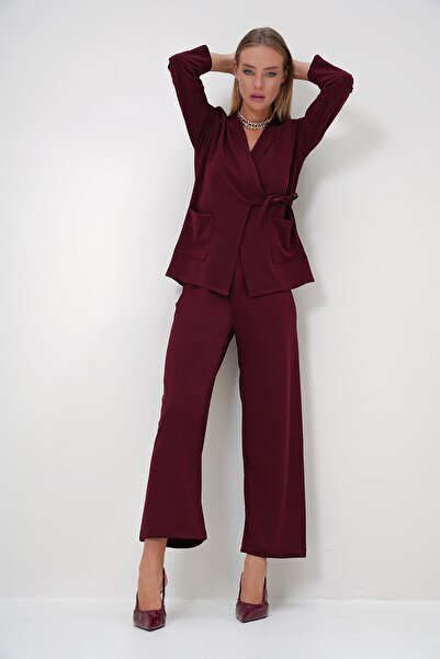 Trend Alaçatı Stili Plum Double Breasted Collar and Double Pocket Women's Jacket and Trousers Set - Alc-X12896