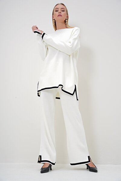 Trend Alaçatı Stili Kadın Bej Bisiklet Yaka Şerit Detaylı Triko Tunik Ve Pantolon Takım ALC-X12848