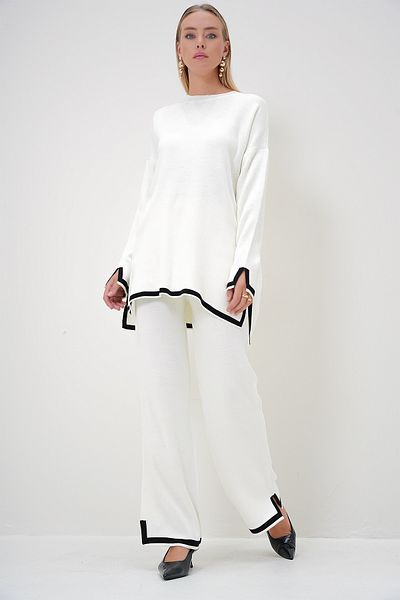 Trend Alaçatı Stili Women's Beige Crew Neck Stripe Detailed Knitwear Tunic and Trousers Set Alc-X12848