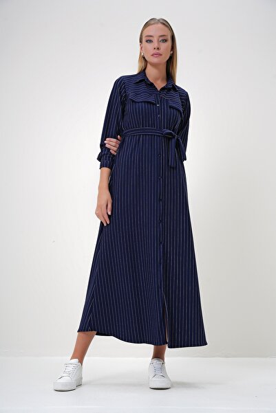 Trend Alaçatı Stili Women's Navy Blue Striped Pocket Flap Belted Crepe Knitted Dress Alc-X12928