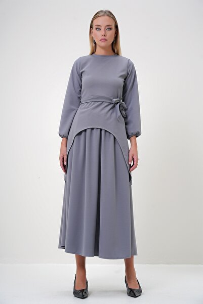 Trend Alaçatı Stili Women's Gray Crew Neck Asymmetrical Cut Tunic and Skirt Set Alc-X12870