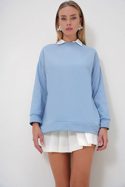 Trend Alaçatı Stili Baby Blue Oversize Crew Neck Women's Sweatshirt - Alc-X12917