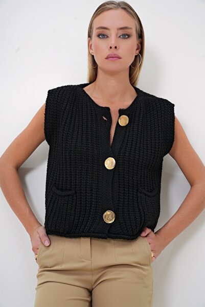 Trend Alaçatı Stili Women's Black Gold Buttoned Double Pocket Knitwear Knitted Vest Alc-X12779