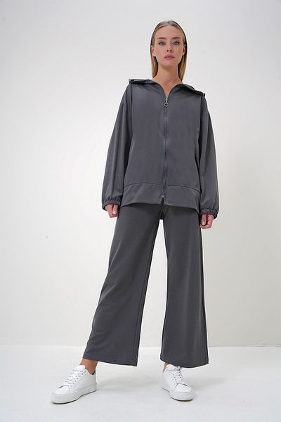 Trend Alaçatı Stili Women's Anthracite Polo Collar Zippered Jacket and Trousers Double Set Alc-X12930
