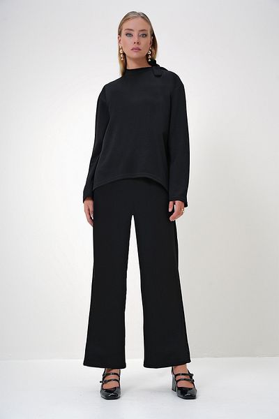 Trend Alaçatı Stili Women's Black Crew Neck Halter Detailed Modal Fabric Tunic and Trousers Set Alc-X12881
