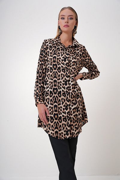 Trend Alaçatı Stili Women's Leopard Water Color Patterned Poplin Shirt Alc-X12850