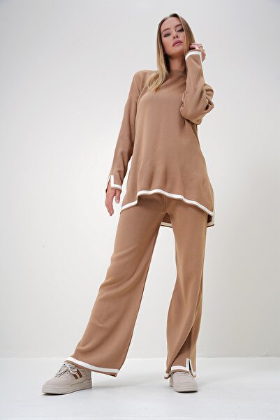 Trend Alaçatı Stili Női keksz nyakú csíkos részletes kötöttáru tunika és nadrág szett ALC-X12848