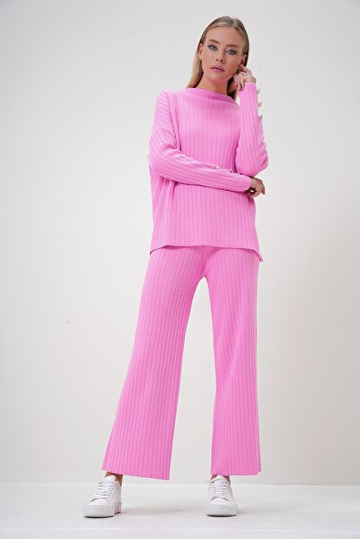 Trend Alaçatı Stili Women's Pink Stand Collar Low Sleeve Knitwear Pants and Blouse Set Alc-X12832