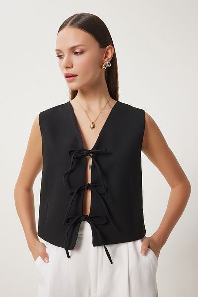 Happiness İstanbul Women's Black Bow Tie Woven Vest Gp00013