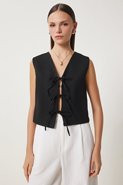 Happiness İstanbul Women's Black Bow Tie Woven Vest Gp00013