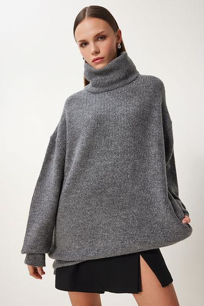 Happiness İstanbul Women's Anthracite Turtleneck Long Knitwear Sweater Mx00107