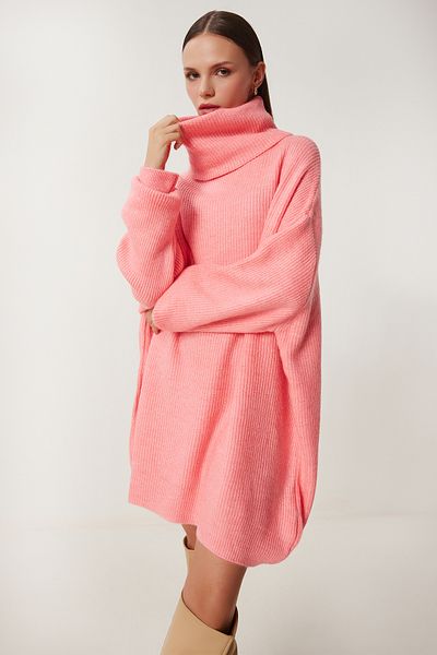 Happiness İstanbul Women's Pink Turtleneck Long Knitwear Sweater Mx00107