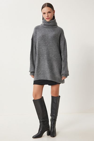 Happiness İstanbul Women's Anthracite Turtleneck Long Knitwear Sweater Mx00107