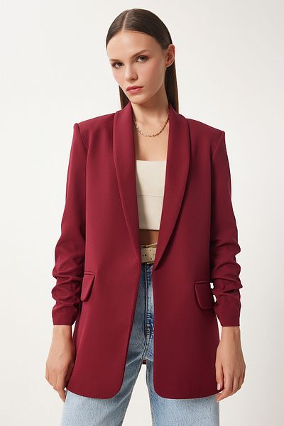 Happiness İstanbul Burgunderrote Damen-Blazerjacke mit Schalkragen und Kordelzug, detailliert gewebt, HL00004