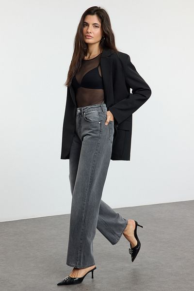 Trendyol Collection Jeansy z wysokim stanem i szerokimi nogawkami w kolorze antracytowym - Twoaw24Je00074