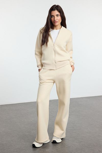 Trendyol Collection Dicker, übergroßer Trainingsanzug aus Fleece mit Reißverschluss in Steinfarbe - Twoaw25em00001