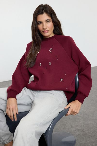 Trendyol Collection Hanorac tricotat cu lână în interior, cu detaliu în piatră de burgundă, relaxat/confortabil, cu potrivire groasă TWOAW25SW00281