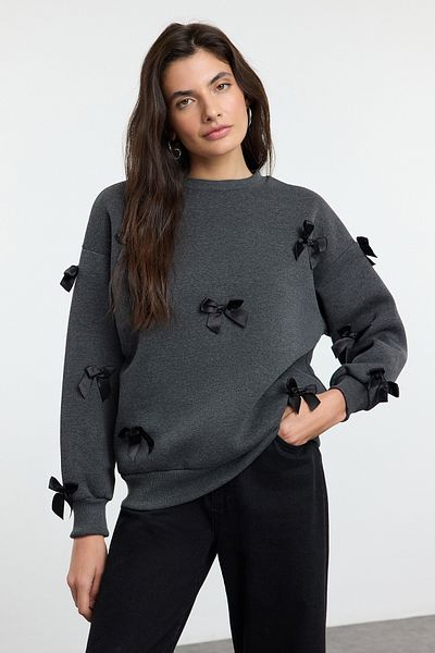 Trendyol Collection Anthracite Melange Oversize Ribbon Detailed Thick Knitted Sweatshirt - Twoaw25Sw00069