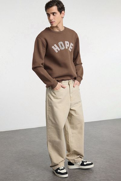 Trendyol Collection Καφέ Oversize/Wide Cut Κεντημένο Fleece Εσωτερικά/Φούτερ με ζεστή κουκούλα TMNAW25SW00060