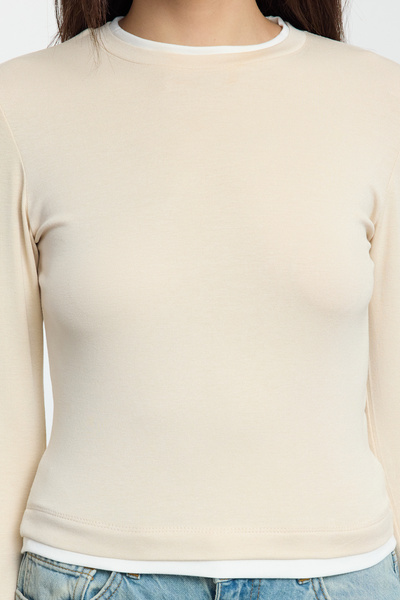 Trendyol Collection Flexible Viscose Fabric - Stone Color Blocked Fitted Knitted Blouse Twoaw25Bz00114