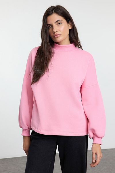 Trendyol Collection Světle růžová Basic Oversize/Wide Fit Fisherman Silný fleece uvnitř Pletená mikina Twoaw25Sw00168