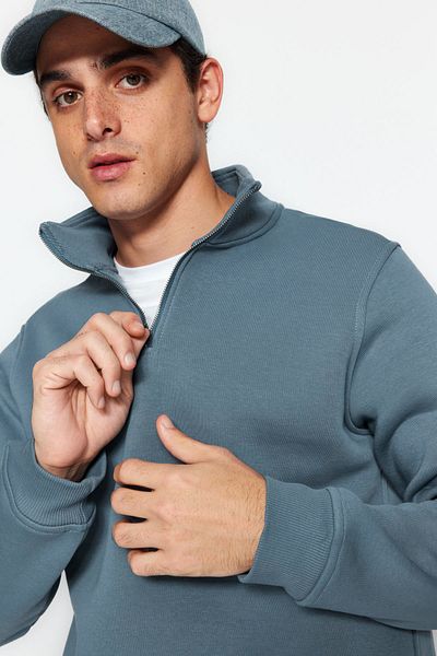 Trendyol Collection Blaues Fleece-Baumwoll-Sweatshirt – Stehkragen, Reißverschluss TMNAW24SW00041