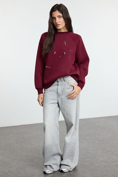 Trendyol Collection Hanorac tricotat cu lână în interior, cu detaliu în piatră de burgundă, relaxat/confortabil, cu potrivire groasă TWOAW25SW00281