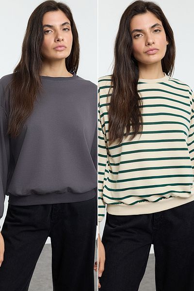 Trendyol Collection Anthrazit-grün gestreiftes 2er-Pack Regular/Normal Fit Strick-Sweatshirt TWOAW25SW00287