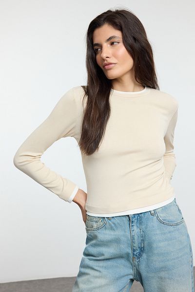 Trendyol Collection Ελαστικό ύφασμα βισκόζης - Πλεκτή μπλούζα με πέτρα TWOAW25BZ00114
