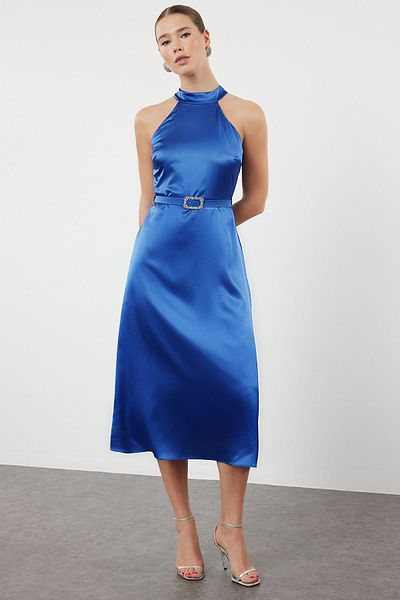 Trendyol Collection Shiny Stone Detailed Saks Satin Dress - A-Cut TPRSS24EL00238