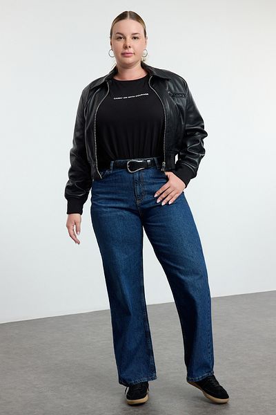 Trendyol Curve Dunkelblaue Jeans mit hoher Taille und verblasstem Effekt, Vintage-Waschung, weites Bein, große Größe, weites Bein, TBBSS24CJ00042