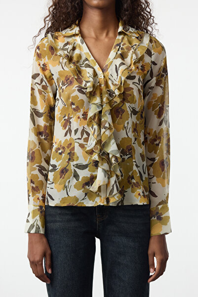 Trendyol Collection Színes virágmintás szőtt ing - fodros gallérral, derékhoz illeszkedő TWOAW25GO00119