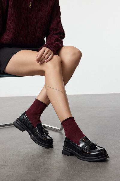 TRENDYOL SHOES Thick Sole Tasseled Black Women's Patent Leather Loafer - Takaw25la00002