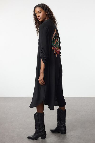 Trendyol Collection Black Embroidery Midi Woven Shirt Dress Twoaw25El00548