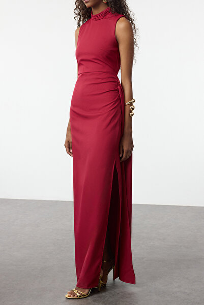 Trendyol Collection   Red Woven Back Low-Cut Detailed Evening Dress Night Graduation Dress