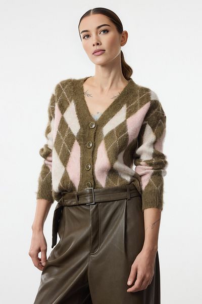 Trendyol Collection Khakifarbene Strickjacke mit weichem, strukturiertem Karomuster TWOAW25HI00276