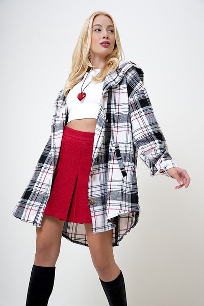 VAGGON Navy Blue Oversize Hooded Plaid Long Shirt - Double Pocket Prm1085