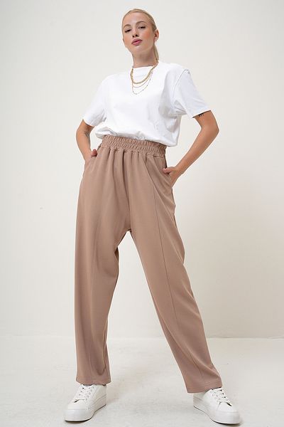 VAGGON Beigefarbene Damen-Modalhose mit elastischem Bund und Doppeltaschen, Shalwar-Schnitt, Prm1081