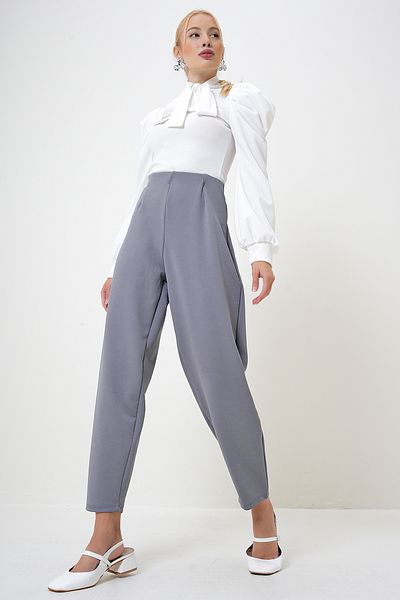 VAGGON Graue Krepphose mit hoher Taille – Spannzange und Drapierung, PRM1083