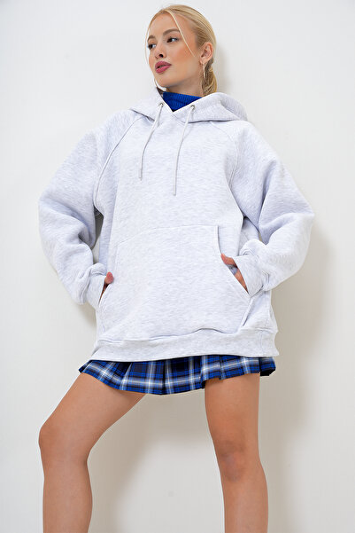 VAGGON Γκρι φούτερ με κουκούλα μεγάλου μεγέθους - Τρεις κλωστές, τσέπη καγκουρό, ράστερ PRM1052