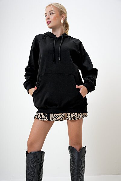 VAGGON Black Hooded Oversize Sweatshirt - Three Thread, Kangaroo Pocket, Raised Prm1052